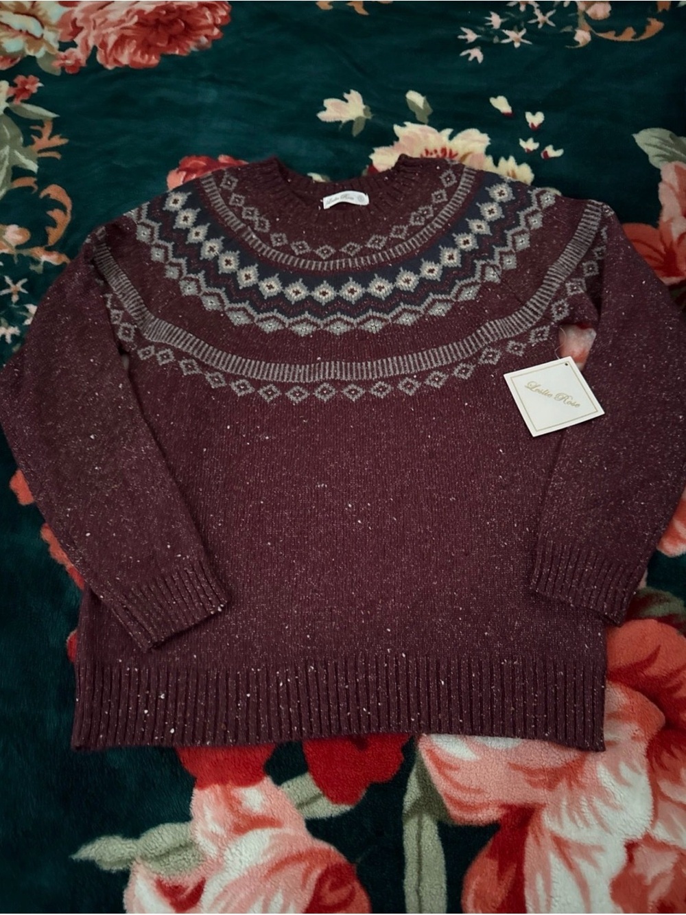 Ladies' Fair Isle Crewneck Sweater - Burgundy